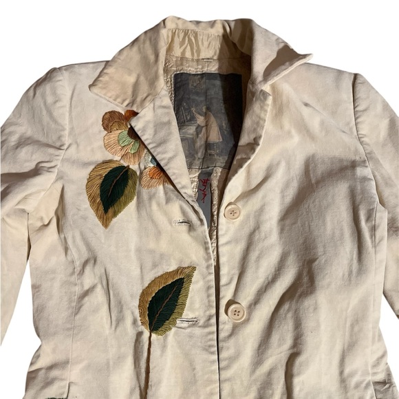 Biya Johnny Was Beautiful Floral Embroidered Long Cream Button Up Cotton Coat - Picture 5 of 14